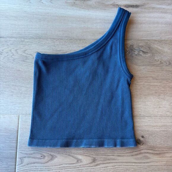 Savvi Moonlight Ocean Navy Ribbed One Shoulder Crop Top - Picture 3 of 4